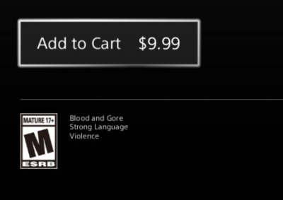 Game detail page of PlayStation Store on PS4 with the Add to Cart button selected.