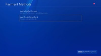 Ecran PS4 Metode de plată cu opțiunea Adăugare card de credit/debit evidențiată.