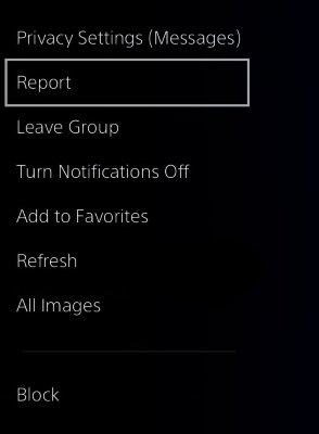PS4-scherm voor het uitwisselen van berichten met de optie Melden gemarkeerd.