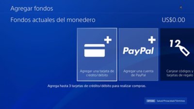 Pantalla Agregar fondos de PS4, con los fondos actuales del monedero en la parte superior derecha.