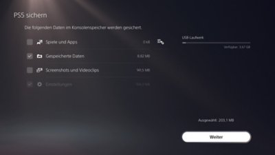 PS5-Bildschirm "PS5 sichern" mit einem Element, das durch ein Häkchen in einem Kontrollkästchen auf der linken Seite des Bildschirms als ausgewählt angezeigt wird, und der zur Verfügung stehenden Schaltfläche "Weiter" unten rechts auf dem Bildschirm.