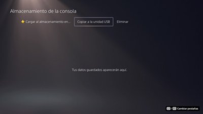 Pantalla Almacenamiento de la consola PS5 con la opción “Copiar en unidad USB” resaltada.