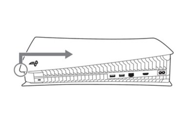 Vista lateral de la consola PS5. Una flecha que indica que la cubierta superior se levanta hacia arriba y hacia la derecha.