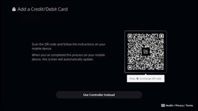 Ecran PS5 Adaugă un card de credit/debit, cu un cod QR scanabil sau un buton pentru utilizare pe consolă.