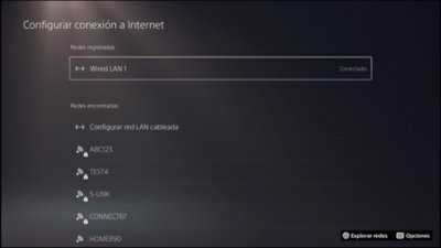 Pantalla de configuración de la conexión a Internet de la consola PS5