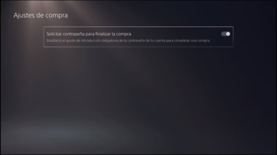 Pantalla Ajustes de la compra en PS5 con la opción Solicitar contraseña al finalizar la compra