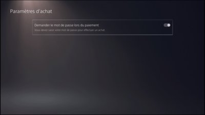 Écran des paramètres d’achat sur PS5 avec l’option Demander le mot de passe lors du paiement