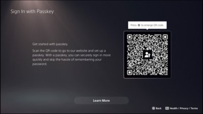 Screen after selecting "Sign in with Passkey" on PS5 console, showing the QR code.