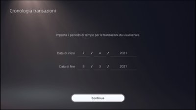 Schermata Cronologia transazioni di PS5