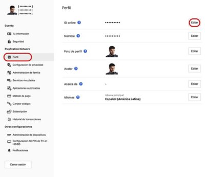 Ubicación del botón de edición de ID online en Administración de cuentas