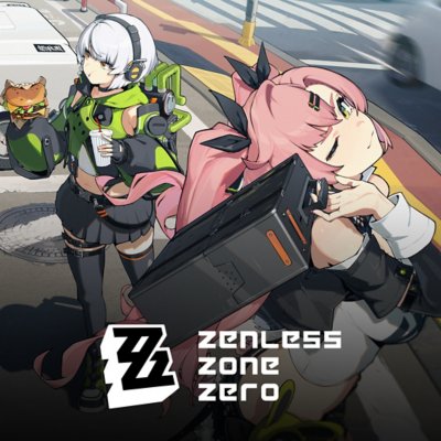 Game image of a character with pink hair holding a briefcase, and a white haired character eating a burger, with the Zenless Zone Zero logo at the bottom