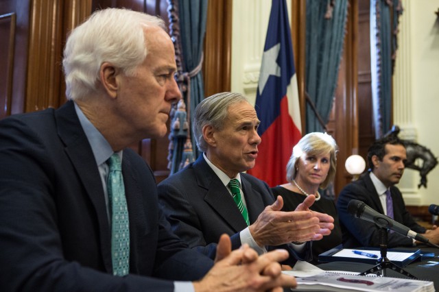 Senator John Cornyn, Governor Greg Abbott, HUD Deputy Secretary Pamela Hughes Patenaude and TX Land Commissioner George P. Bush at HUD grant provided for Hurricane Harvey.