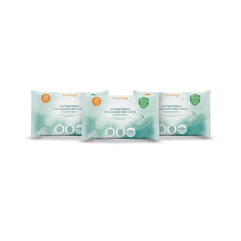 Mannings Antibacterial Fragrance Free Wipes 10pcs x 3 Packs