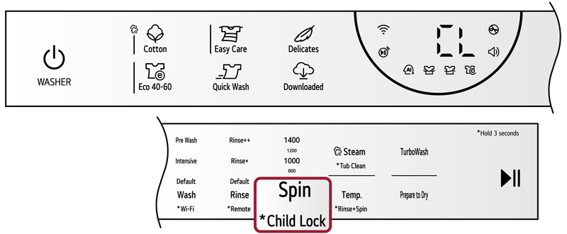 There is a child lock sign below the Spin button on the washing machine control panel and can be set or released by pressing it for 3 seconds.