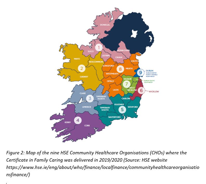 A map of Ireland with the 9 HSE community healthcare organisations where the certificate in family caring were delivered, in Leitrim, Galway, Westmeath, Dublin, Wicklow, Kilkenny, Clare, and Kerry.