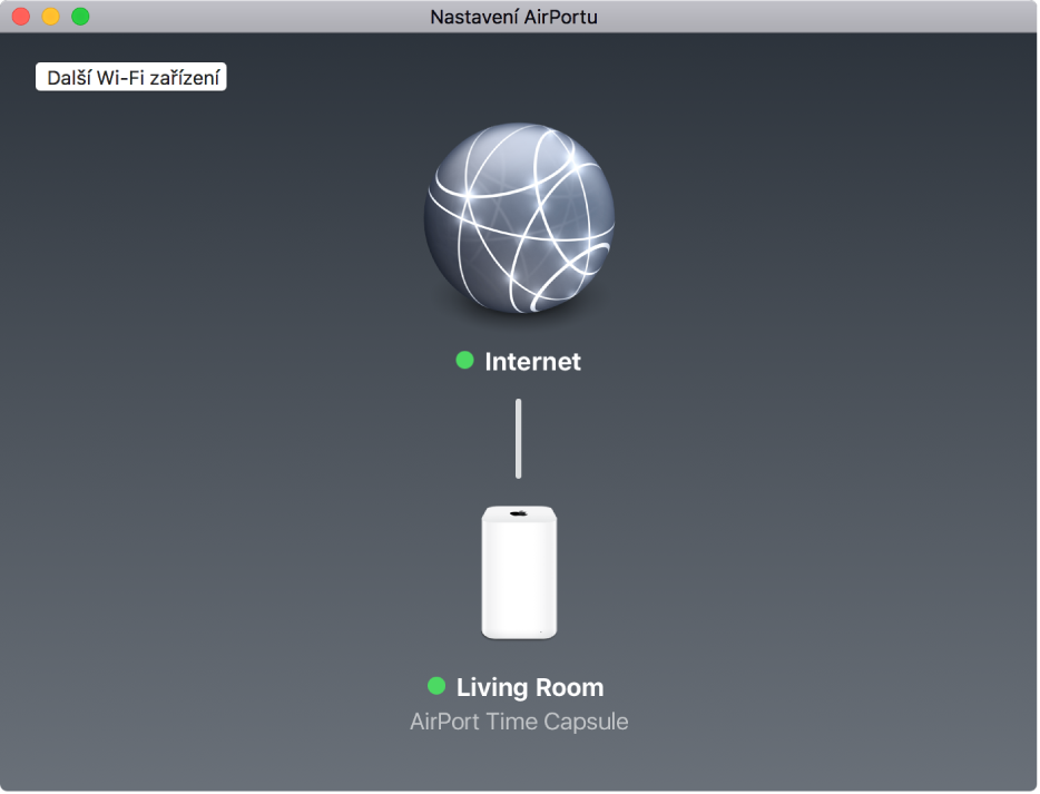 Grafické rozhraní zobrazující zařízení AirPort Time Capsule připojené k internetu