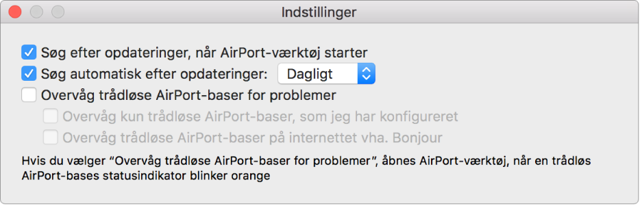 Indstillingerne til AirPort-værktøj viser afkrydsningsfelterne Søg efter opdateringer, når AirPort-værktøj starter og Søg efter opdateringer automatisk.