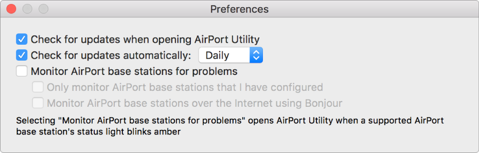 AirPort Utility preferences, showing the Check for updates when opening AirPort Utility and Check for updates automatically checkboxes.