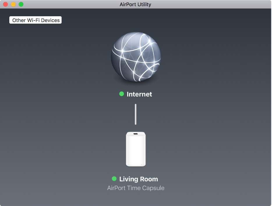 The graphical overview, showing an AirPort Time Capsule connected to the Internet.