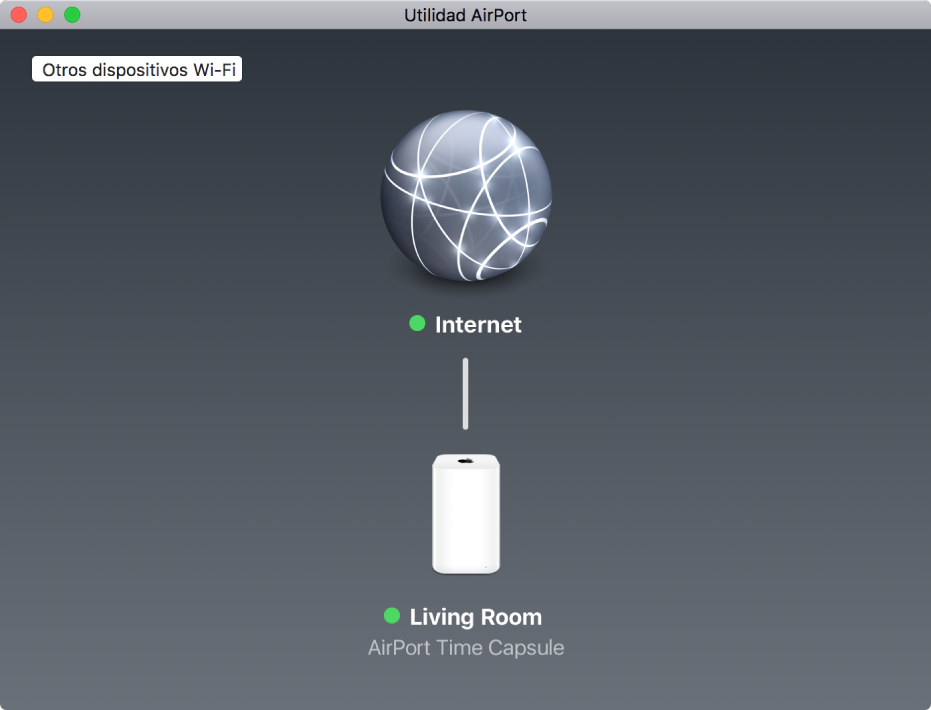 El resumen gráfico mostrando una AirPort Time Capsule conectada a Internet.