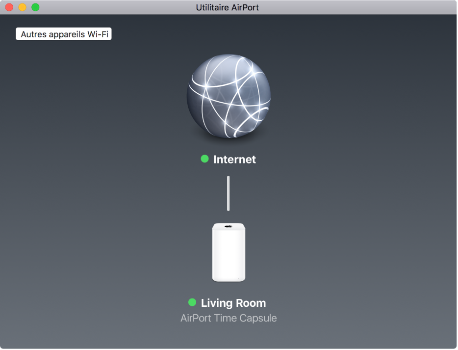 La vue d’ensemble, affichant une AirPort Time Capsule connectée à Internet.