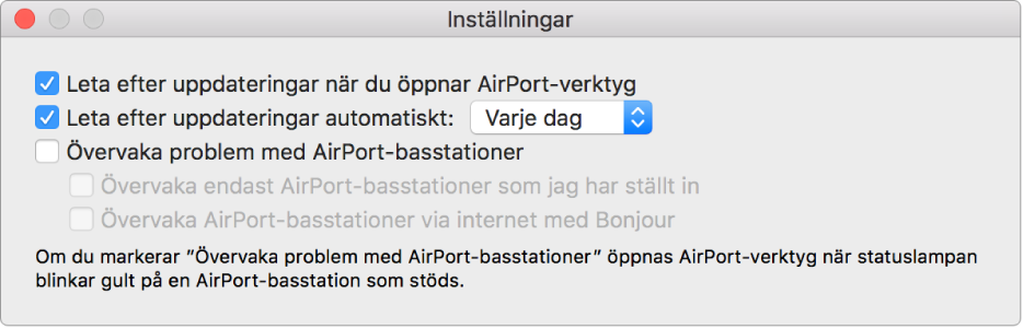 Inställningsfönstret i AirPort-verktyg som visar kryssrutorna Leta efter uppdateringar när du öppnar AirPort-verktyg och Leta efter uppdateringar automatiskt.