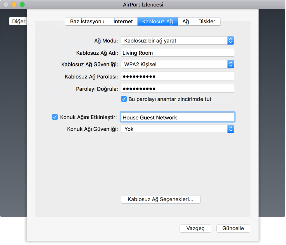 Konuk Ağını Etkinleştir onay kutusunun gösterildiği Kablosuz bölümü.