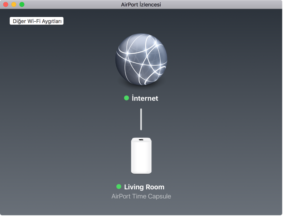 İnternet’e bağlı olarak AirPort Time Capsule’ü gösteren grafiksel görünüm.