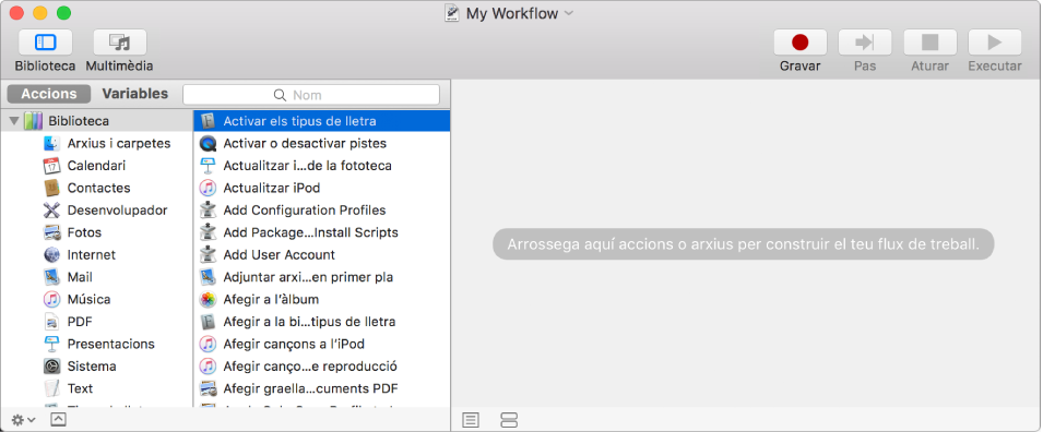 La finestra de l‘Automator, amb l‘acció “Activar els tipus de lletra” seleccionada i un flux de treball buit.