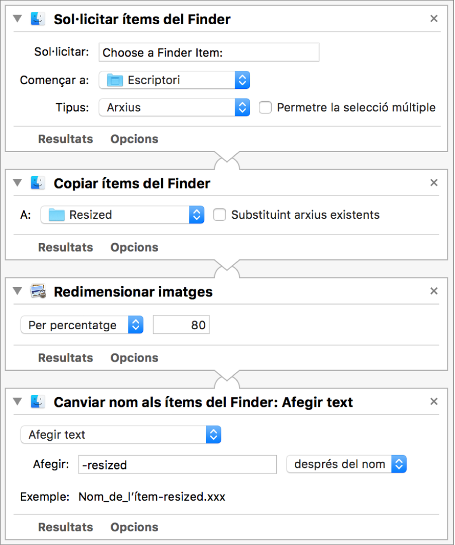 Flux de treball de l’Automator amb quatre accions.