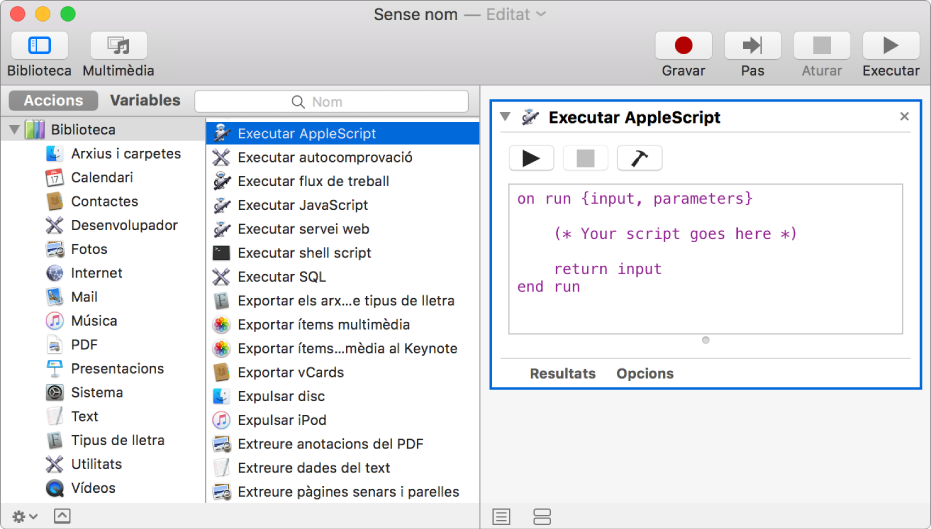 Finestra de l’Automator amb una acció d’executar AppleScript.