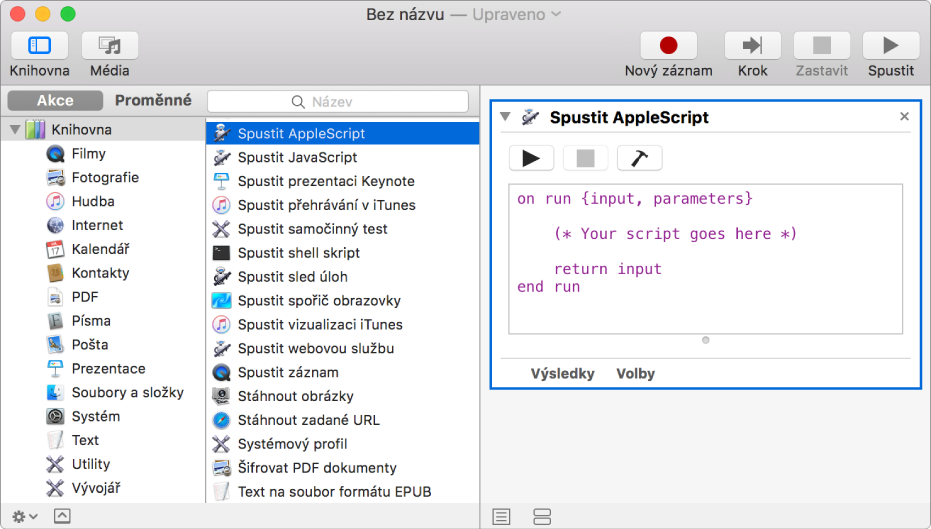 Okno Automatoru s akcí Spustit AppleScript