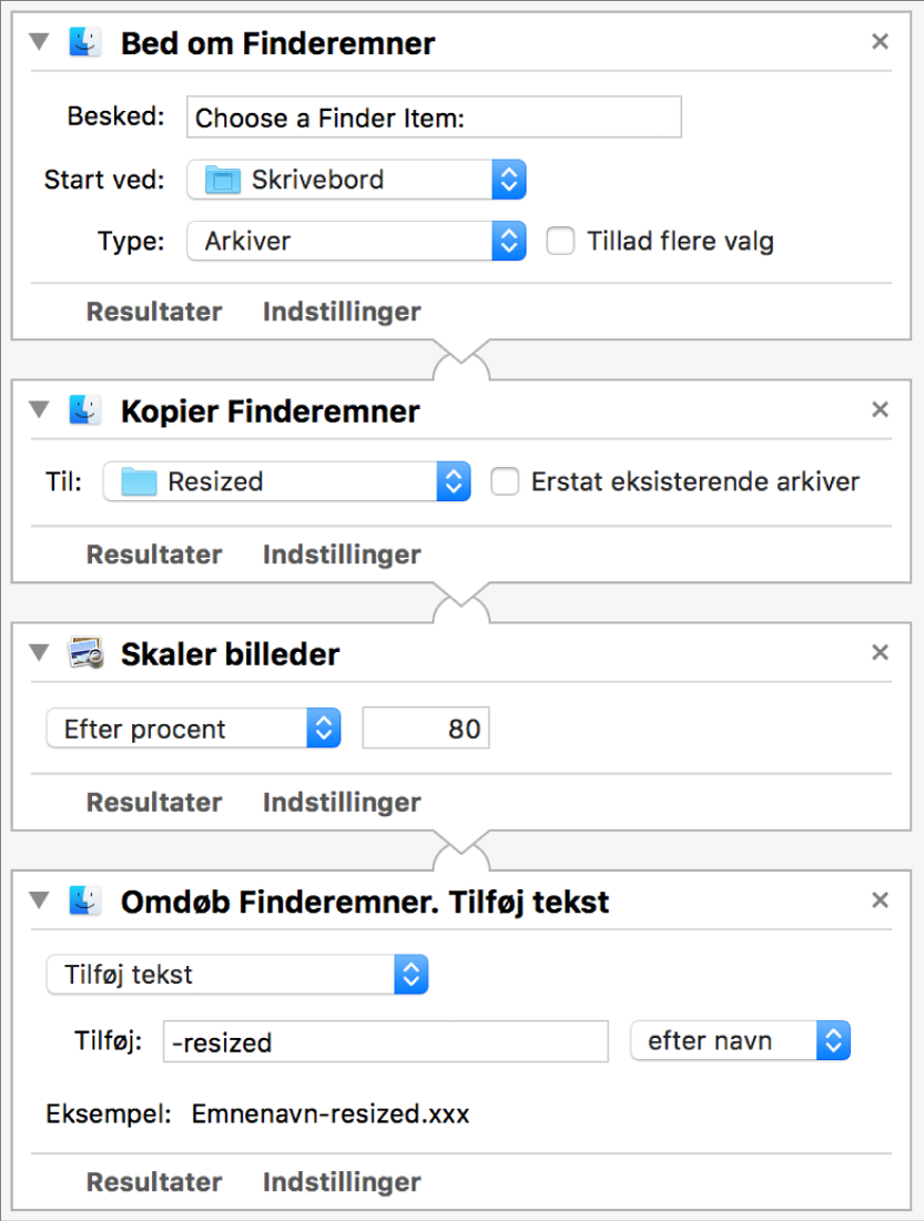 En Automator-arbejdsgang med fire handlinger.