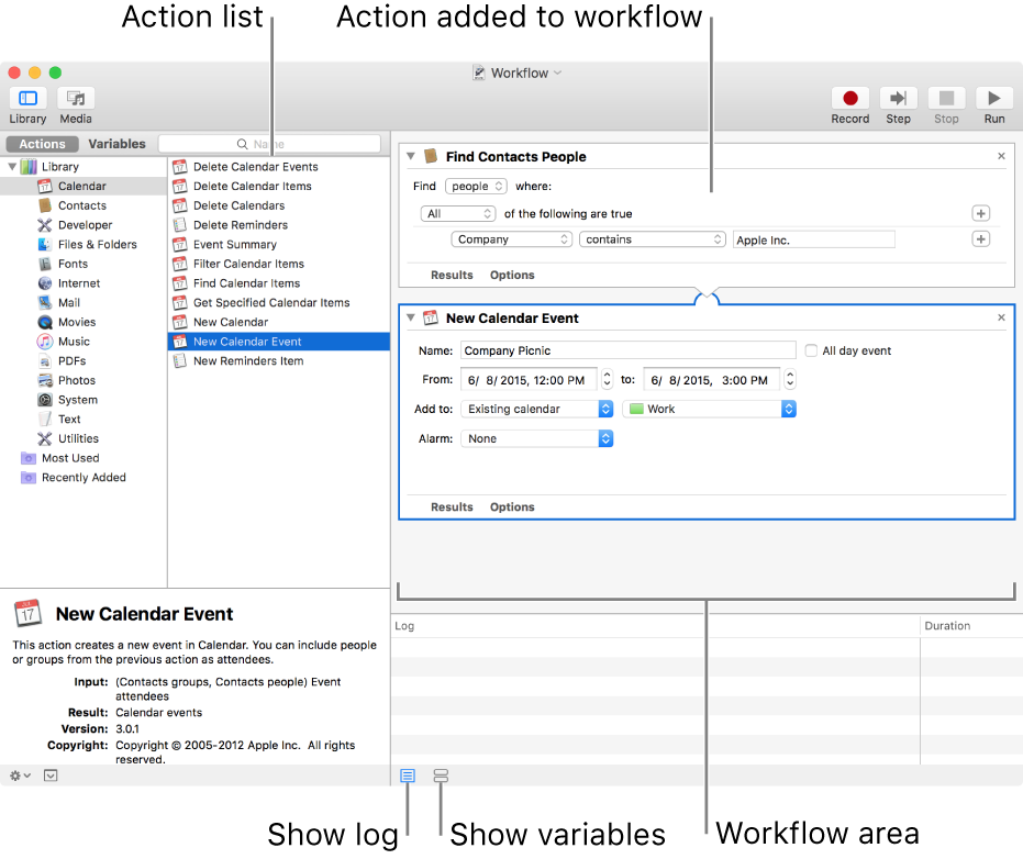 The Automator window. The Library appears at the far left, and contains a list of apps that Automator provides actions for. The Calendar app is selected in the list, and actions available in Calendar are listed in the column to the right. On the right side of the window is a workflow that has a Calendar action added to it.