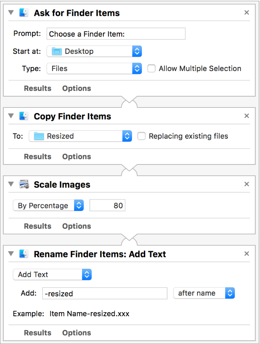 An Automator workflow with four actions.