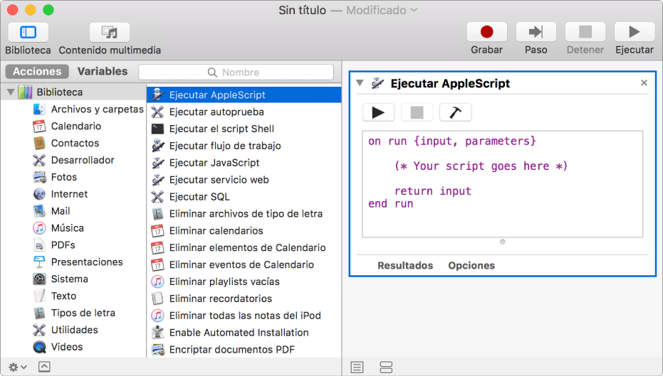 La ventana de Automator con una acción Ejecutar AppleScript.