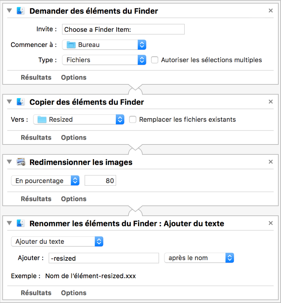 Un processus d’Automator avec quatre actions.