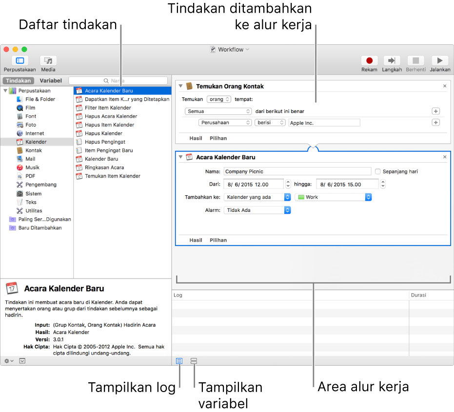 Jendela Automator. Perpustakaan muncul di kiri jauh, dan berisi daftar app yang disediakan tindakan oleh Automator. App Kalender dipilih di daftar, dan tindakan yang tersedia di Kalender tercantum di kolom kanan. Di sisi kanan jendela terdapat alur kerja yang telah ditambahkan dengan tindakan Kalender ke dalamnya.