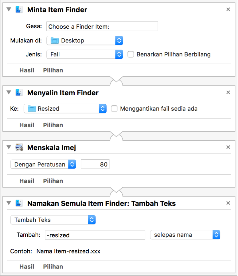 Aliran kerja Automator dengan empat tindakan.