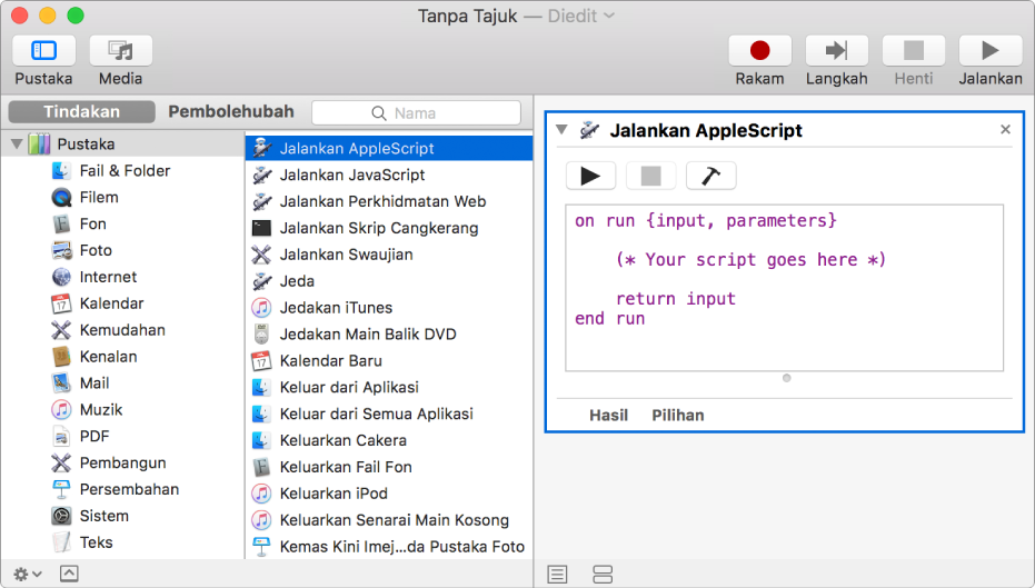 Tetingkap Automator dengan tindakan Jalankan AppleScript.