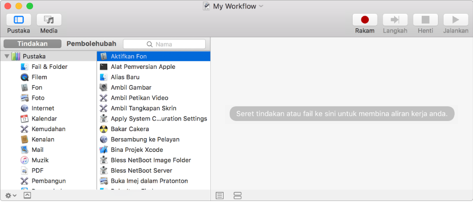 Tetingkap Automator menunjukkan tindakan Aktifkan Fon dipilih dan aliran kerja kosong.