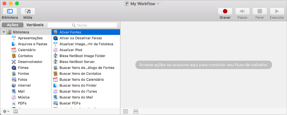 Janela do Automator mostrando a ação Ativar Fontes selecionada e um fluxo de trabalho vazio.