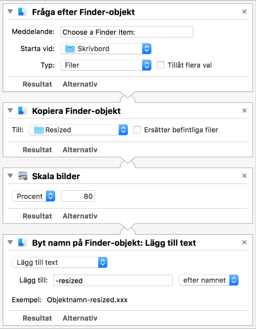 Ett Automator-arbetsflöde med fyra åtgärder.