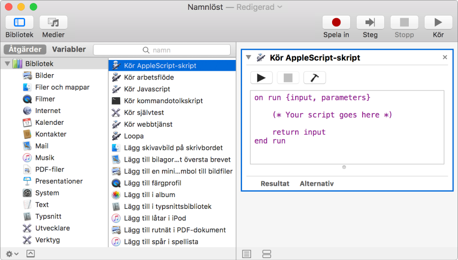 Automator-fönstret med en Kör AppleScript-åtgärd.