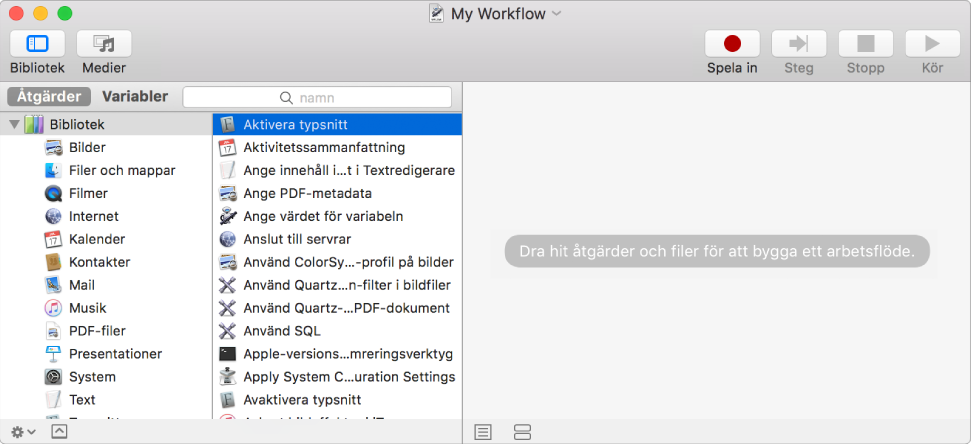 Automator-fönstret med avsnittet Aktivera typsnitt valt och ett tomt arbetsflöde.