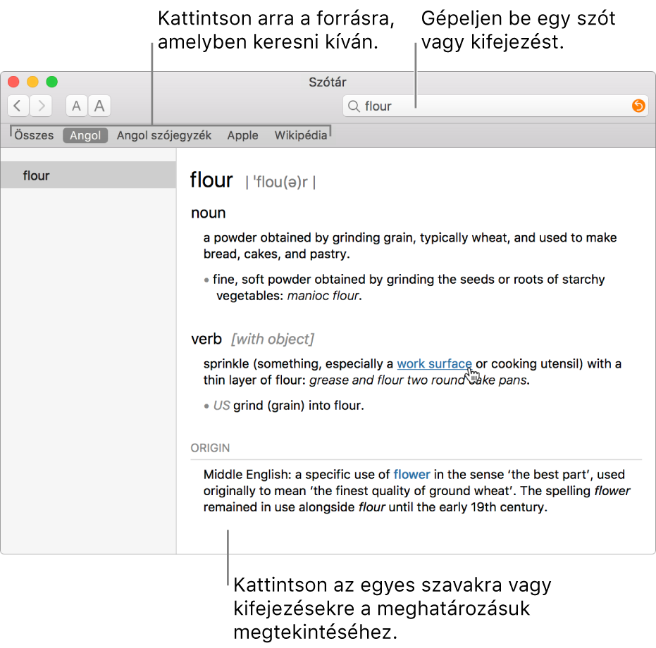 A Szótár teljes ablaka, egy megjelenített meghatározással. A meghatározásban szereplő szavakra vagy kifejezésekre kattintva megtekintheti a meghatározásukat. Egy forrás kereséshez való kiválasztásához kattintson a forrás nevére az eszközsor alatt található forrássoron. Írjon be egy szót vagy kifejezést a keresőmezőbe.