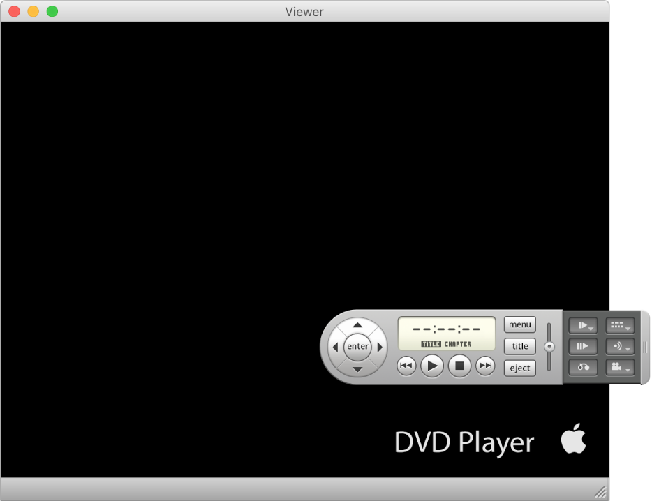 The DVD Player window and controller with a DVD movie playing.