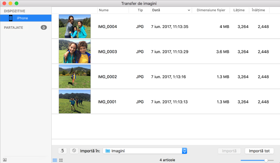 Fereastra Transfer de imagini afișând imaginile de pe un dispozitiv.