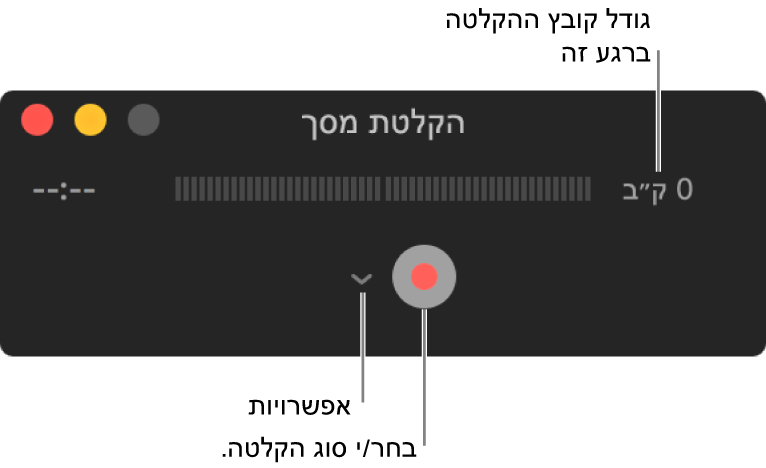 החלון "הקלטת מסך" עם הכפתור "הקלט" בחלקו התחתון והתפריט הקופצני "אפשרויות" לידו.