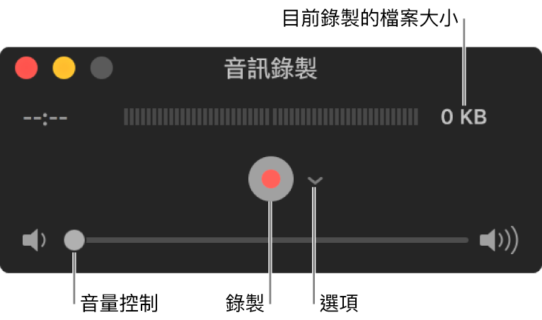 「音訊錄製」視窗，視窗中央帶有「錄製」按鈕和「選項」彈出式選單，底部則有音量控制項目。